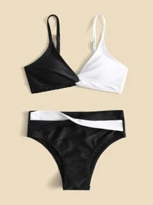 Tween Girl Color Block Twist Front Bikini Set Summer Beach - Black and White - View 4