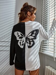SHEIN Unity Camiseta de hombros caídos con estampado de mariposa de color combinado - Blanco y Negro - Ver 3