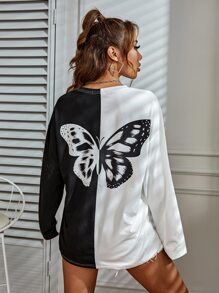 SHEIN Unity Camiseta de hombros caídos con estampado de mariposa de color combinado - Blanco y Negro - Ver 5