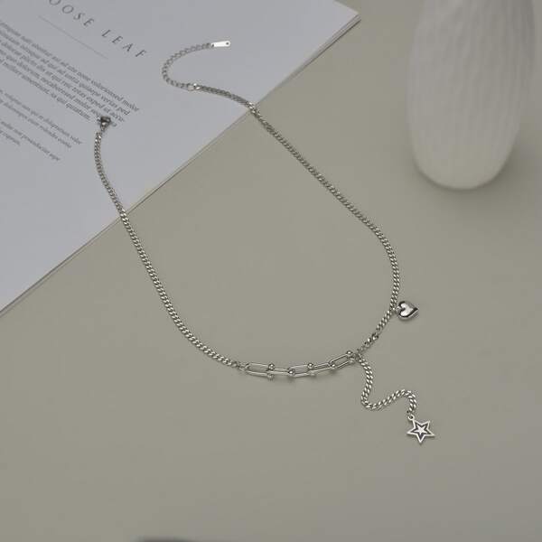 

Heart & Star Pendant Necklace, Silver
