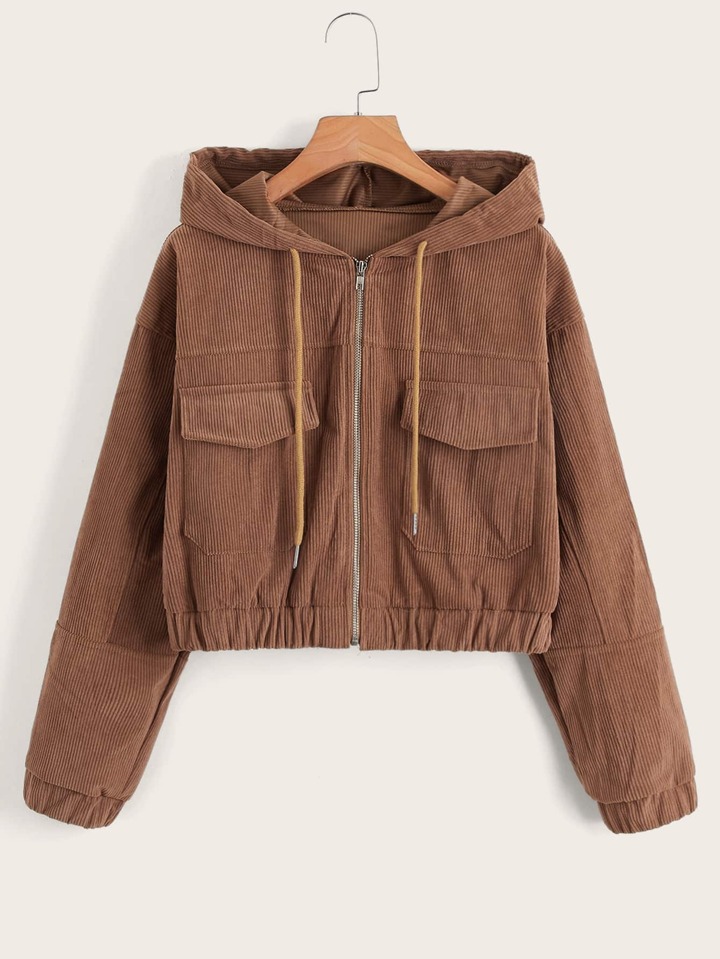 Solid Corduroy Zip Up Drawstring Pocket Hooded Jacket