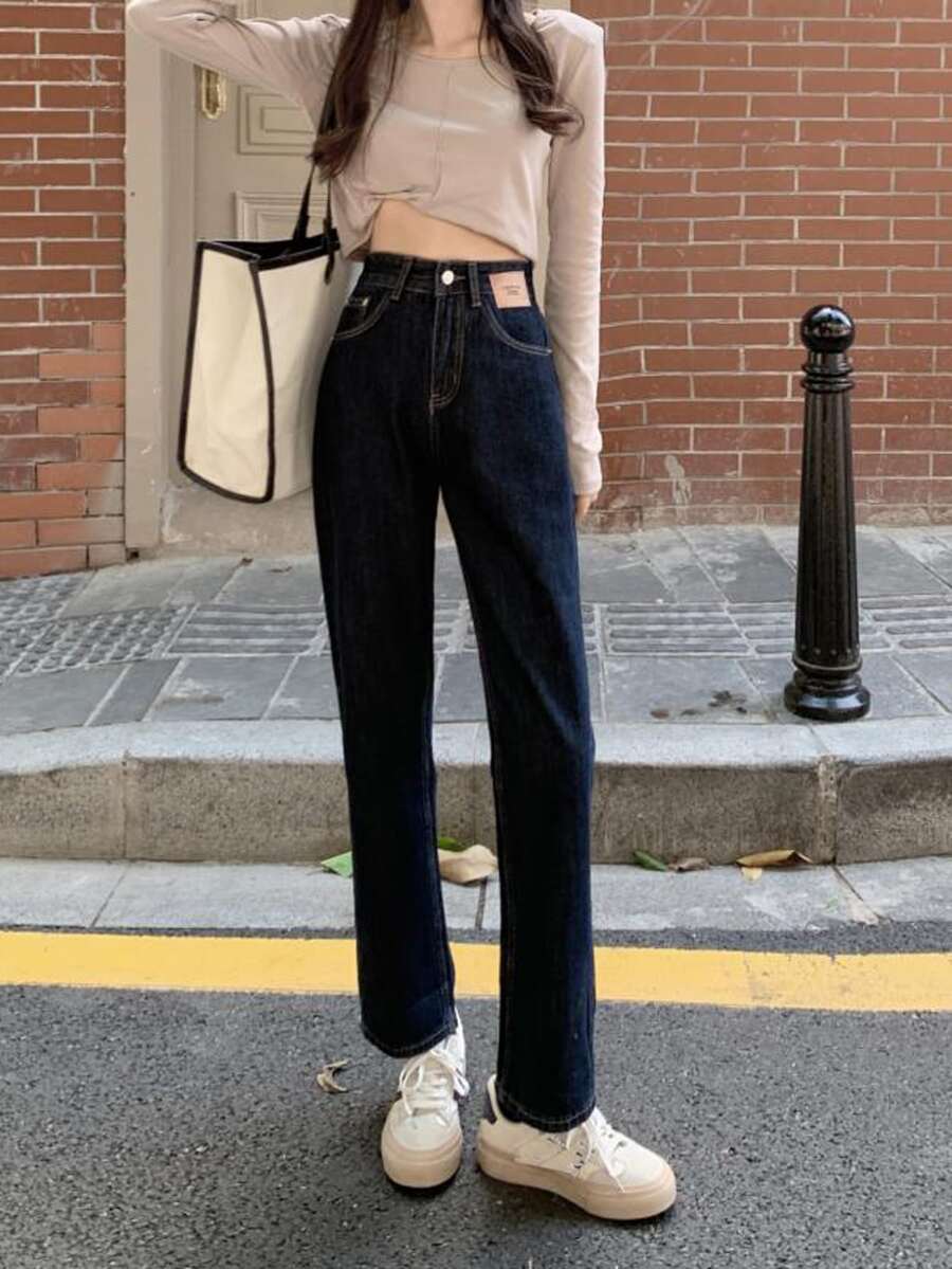 補丁貼直筒牛仔褲