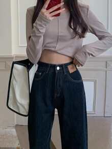 補丁貼直筒牛仔褲