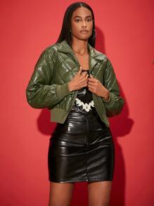 SHEINNeu 拉鏈開襟PU皮革絎縫外套 - 橄欖綠 - 查看 1