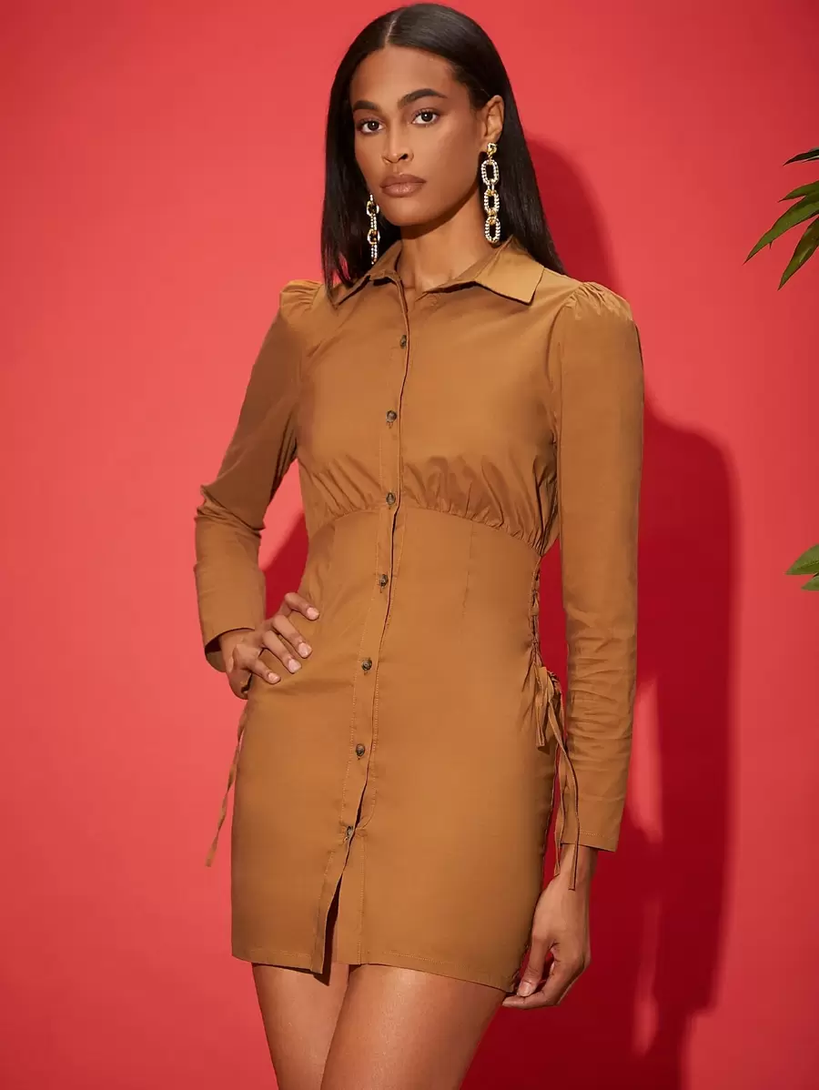 SHEINNeu Lace Up Side Puff Sleeve Single Breasted Bodycon Dress - Brown - View 1