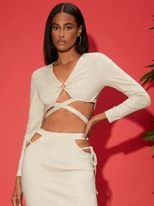 SHEINNeu O-ring Criss Cross Tie Back Crop Top & Cut Out Skirt - Beige - View 3