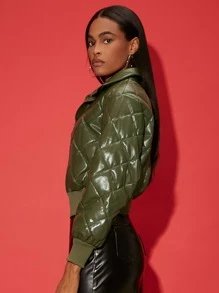 SHEINNeu 拉鏈開襟PU皮革絎縫外套 - 橄欖綠 - 查看 4