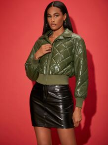 SHEINNeu 拉鏈開襟PU皮革絎縫外套 - 橄欖綠 - 查看 5