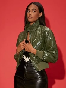 SHEINNeu 拉鏈開襟PU皮革絎縫外套 - 橄欖綠 - 查看 6