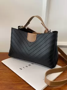 时尚条纹简约 V 形水桶包，母亲节礼物，适合妈妈、少女、女大学生、新秀和白领人士，非常适合办公室、工作、商务、通勤，适合女性、女性、新秀和白领人士、教师礼物、女士、女性，适合商务/通勤/工作/办公室、节日/度假/假日 - 黑色 - 查看 1