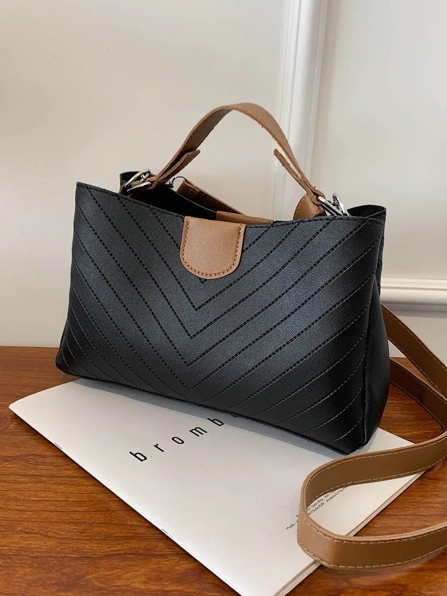 时尚条纹简约 V 形水桶包，母亲节礼物，适合妈妈、少女、女大学生、新秀和白领人士，非常适合办公室、工作、商务、通勤，适合女性、女性、新秀和白领人士、教师礼物、女士、女性，适合商务/通勤/工作/办公室、节日/度假/假日 - 黑色 - 查看 1