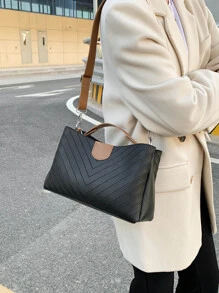 时尚条纹简约 V 形水桶包，母亲节礼物，适合妈妈、少女、女大学生、新秀和白领人士，非常适合办公室、工作、商务、通勤，适合女性、女性、新秀和白领人士、教师礼物、女士、女性，适合商务/通勤/工作/办公室、节日/度假/假日 - 黑色 - 查看 2