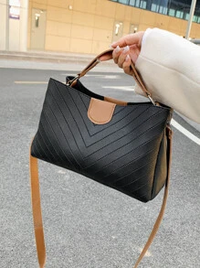 时尚条纹简约 V 形水桶包，母亲节礼物，适合妈妈、少女、女大学生、新秀和白领人士，非常适合办公室、工作、商务、通勤，适合女性、女性、新秀和白领人士、教师礼物、女士、女性，适合商务/通勤/工作/办公室、节日/度假/假日 - 黑色 - 查看 4