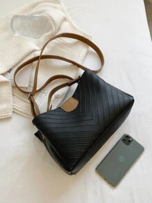 时尚条纹简约 V 形水桶包，母亲节礼物，适合妈妈、少女、女大学生、新秀和白领人士，非常适合办公室、工作、商务、通勤，适合女性、女性、新秀和白领人士、教师礼物、女士、女性，适合商务/通勤/工作/办公室、节日/度假/假日 - 黑色 - 查看 5
