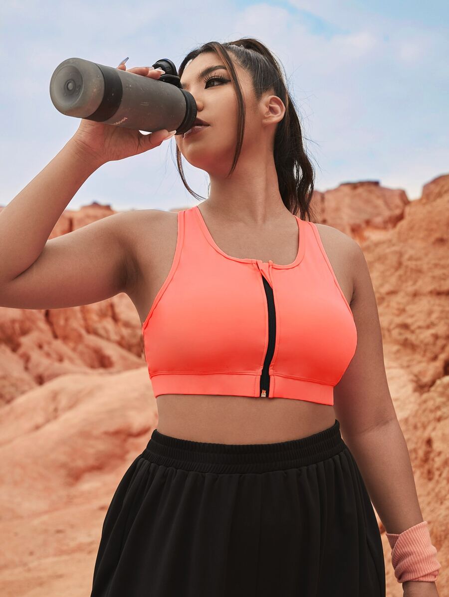 Plus High Support Zip Up Sports Bra - Coral Orange - View 1
