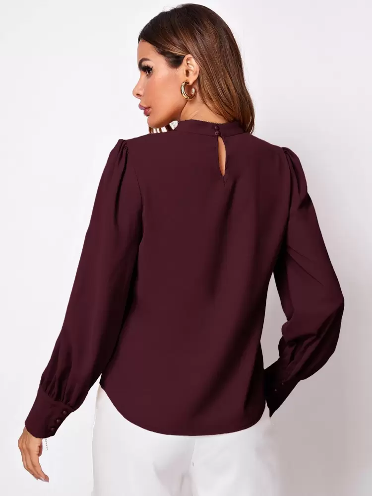 Solid Ruched Keyhole Back Blouse,Long Sleeve Tops Fall Cloth For Women