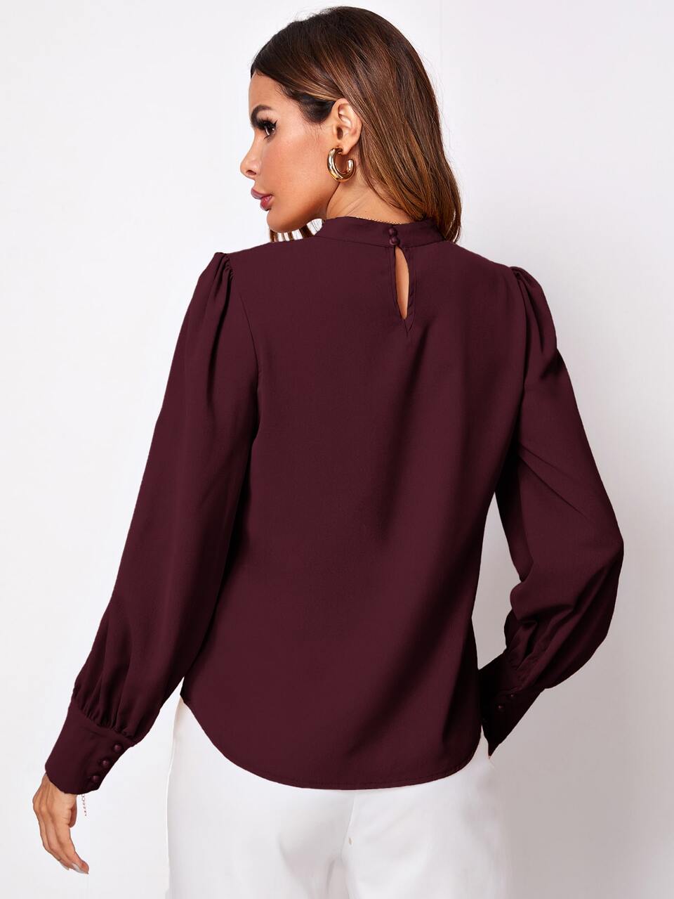 Solid Ruched Keyhole Back Blouse,Long Sleeve Tops Fall Cloth For Women
