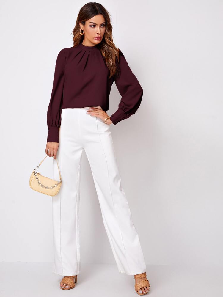 Solid Ruched Keyhole Back Blouse,Long Sleeve Tops Fall Cloth For Women