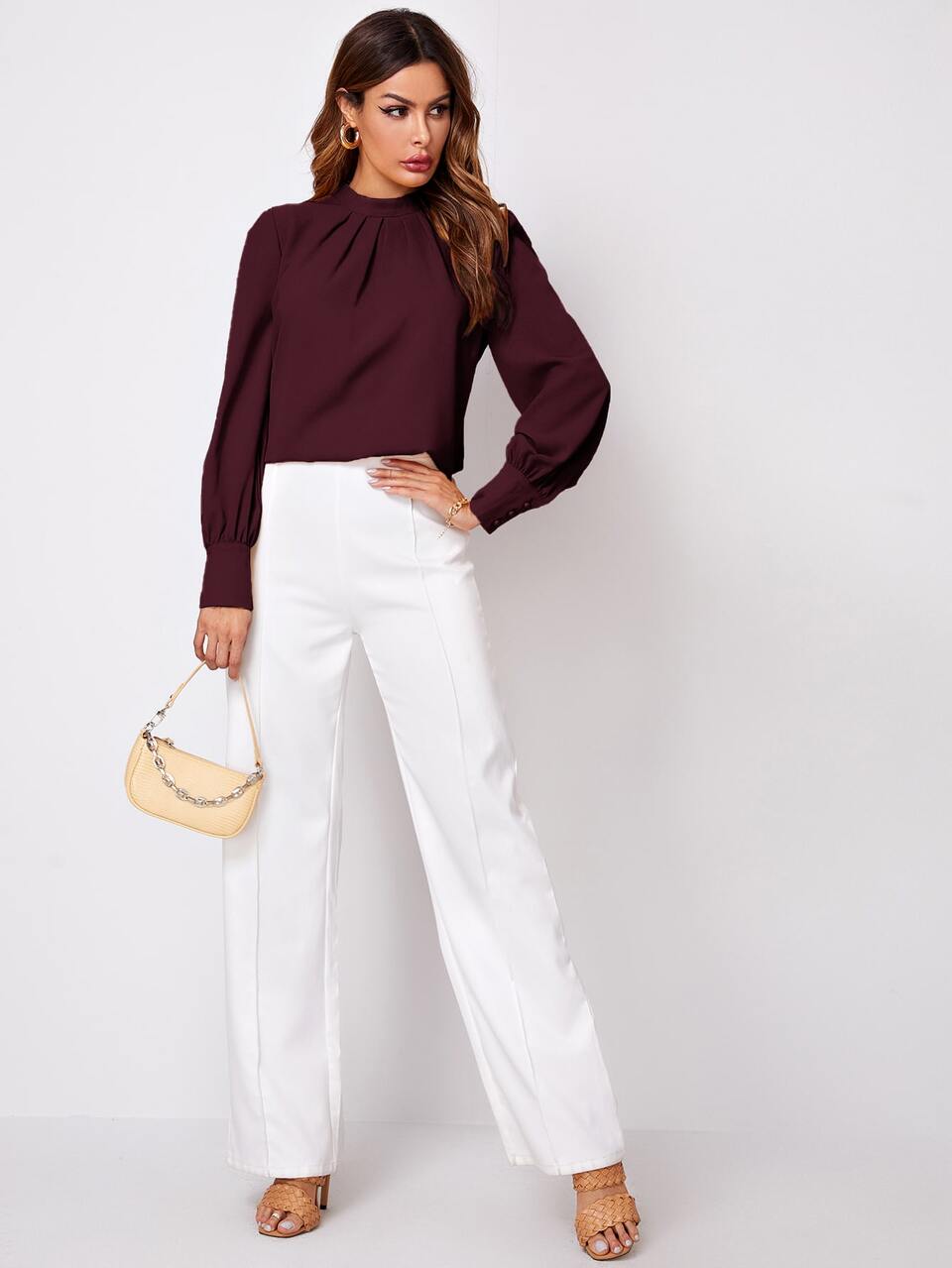 Solid Ruched Keyhole Back Blouse,Long Sleeve Tops Fall Cloth For Women