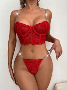 Conjunto de lencería de encaje con sujetador con aros bordado floral y panty a juego - Rojo - Ver 4