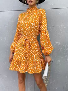 滿版印花燈籠袖小高領荷葉邊繫腰帶連衣裙 - 芥末黃 - 查看 1