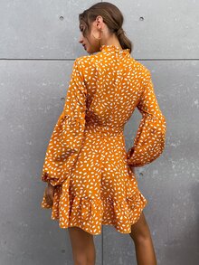 滿版印花燈籠袖小高領荷葉邊繫腰帶連衣裙 - 芥末黃 - 查看 2