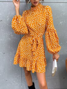 滿版印花燈籠袖小高領荷葉邊繫腰帶連衣裙 - 芥末黃 - 查看 6