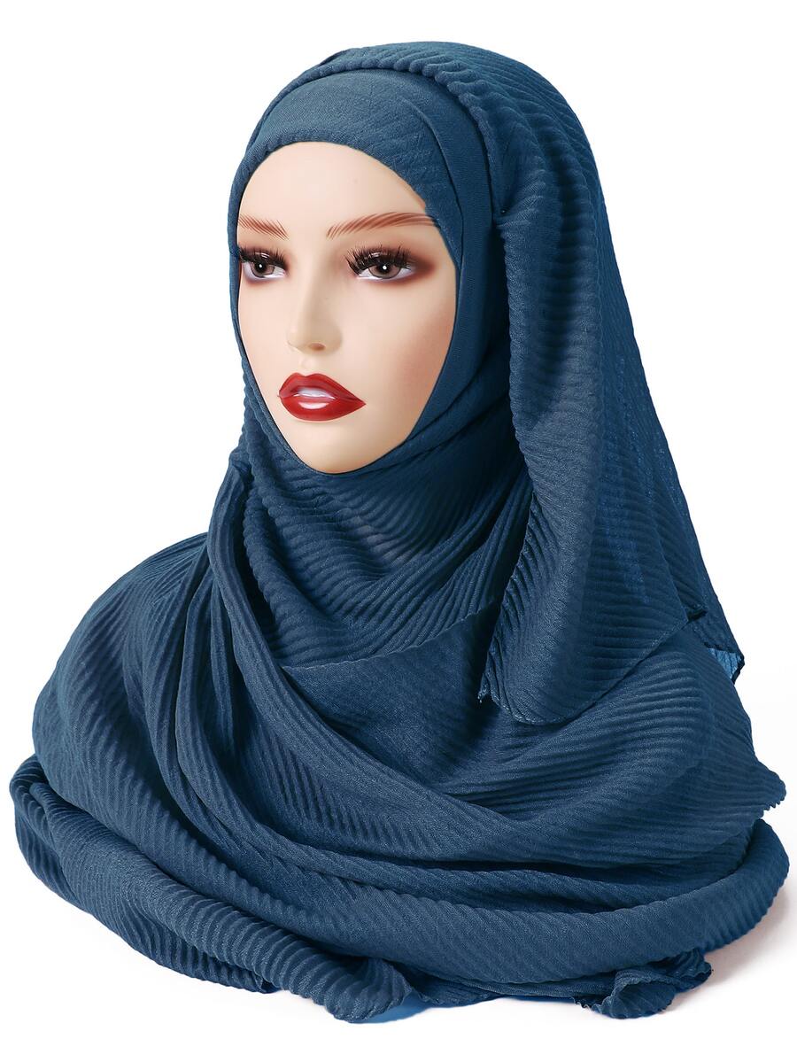 Solid Pleated Hijab - Teal Blue - View 1