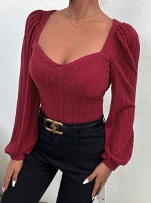 雞心領口燈籠袖紋理質感針織上衣 - 酒紅色 - 查看 1