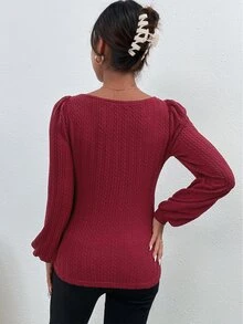 雞心領口燈籠袖紋理質感針織上衣 - 酒紅色 - 查看 2