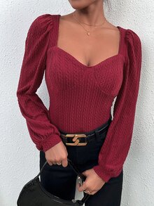 雞心領口燈籠袖紋理質感針織上衣 - 酒紅色 - 查看 3