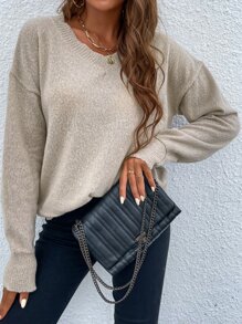 Drop Shoulder V Neck Sweater - Apricot - View 1