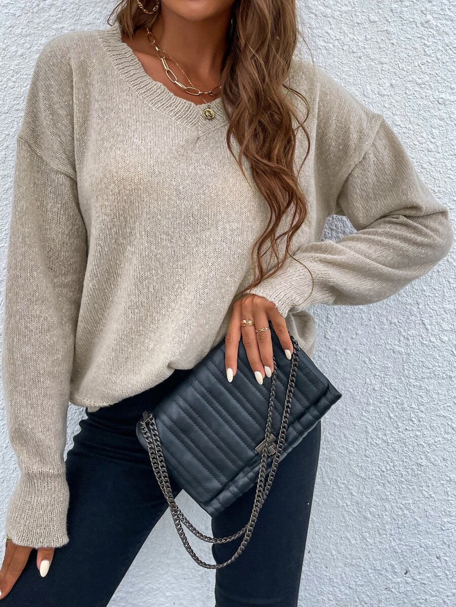 Drop Shoulder V Neck Sweater - Apricot - View 1