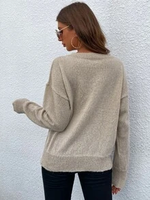 Drop Shoulder V Neck Sweater - Apricot - View 2
