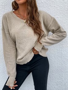 Drop Shoulder V Neck Sweater - Apricot - View 3