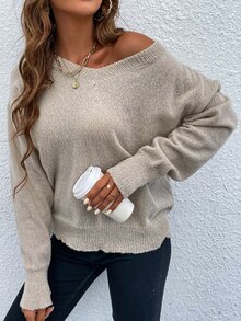 Drop Shoulder V Neck Sweater - Apricot - View 4