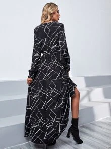 SHEIN Clasi Geo Print Shirred Cuff Lantern Sleeve Dress - Black and White - View 2