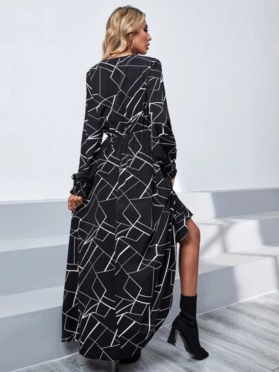 幾何学模様プリントパネル シャーリングカフ ランタンスリーブ ドレス