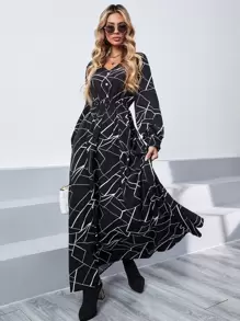 SHEIN Clasi Geo Print Shirred Cuff Lantern Sleeve Dress - Black and White - View 3