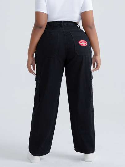 Jeans mit hoher Taille, Flicken Detail, Pattentasche