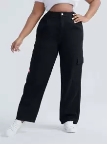 SHEIN EZwear Plus High Waist Patched Detail Flap Pocket Jeans - Black - View 2