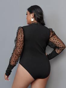 SHEIN SXY Plus Polka Dot Contrast Mesh Mock Neck Bodysuit, For Winter - Black - View 2