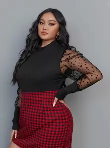 SHEIN SXY Plus Polka Dot Contrast Mesh Mock Neck Bodysuit, For Winter - Black - View 4