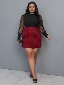 SHEIN SXY Plus Polka Dot Contrast Mesh Mock Neck Bodysuit, For Winter - Black - View 5