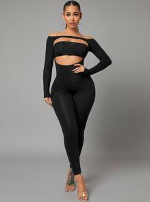SHEIN SXY Mono ajustado de hombros descubiertos con abertura - Negro - Ver 1