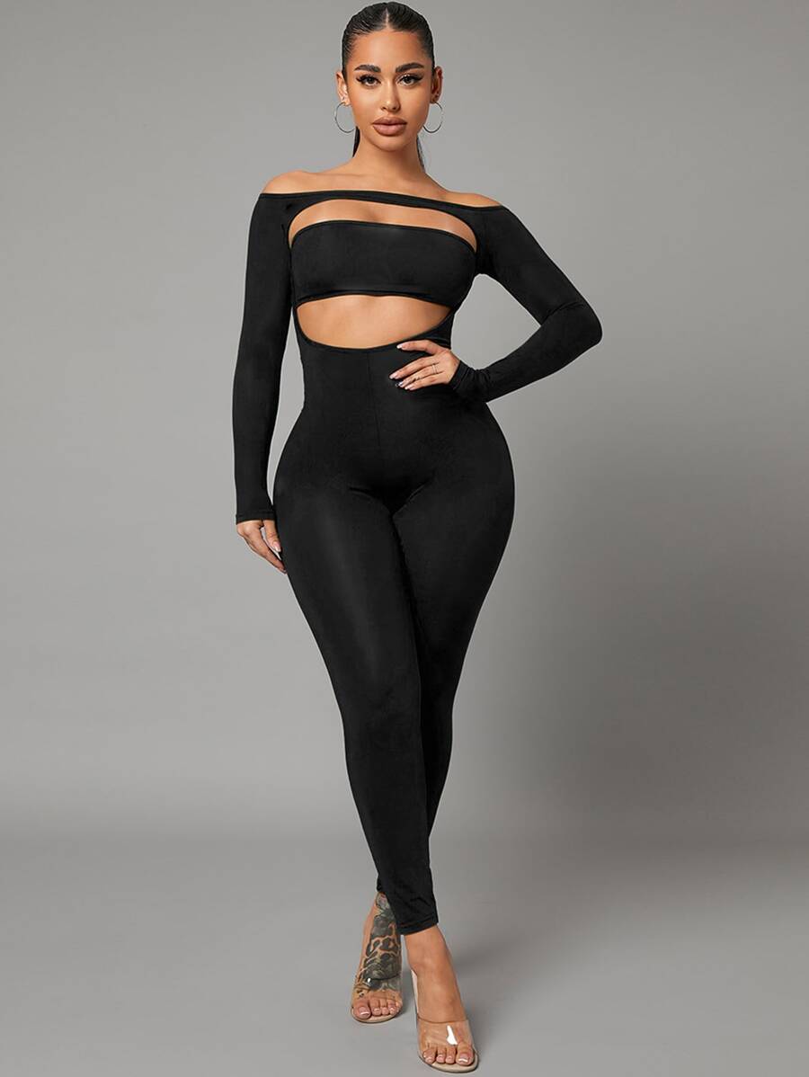 SHEIN SXY Mono ajustado de hombros descubiertos con abertura - Negro - Ver 1