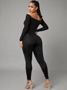 SHEIN SXY Mono ajustado de hombros descubiertos con abertura - Negro - Ver 2