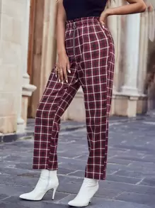 Plaid Print Paperbag Waist Zip Fly Trousers - Burgundy - View 1