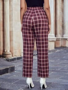Plaid Print Paperbag Waist Zip Fly Trousers - Burgundy - View 2