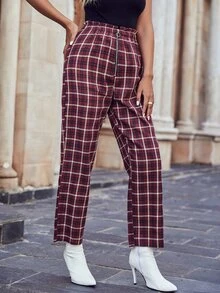 Plaid Print Paperbag Waist Zip Fly Trousers - Burgundy - View 4